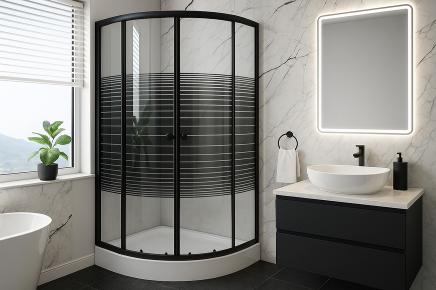 Душова кабіна 90х90 півкругла BathMix BMLine BL-90/13 скло вузька чорна смужка 4мм з піддоном 13см профіль чорний 16779 фото