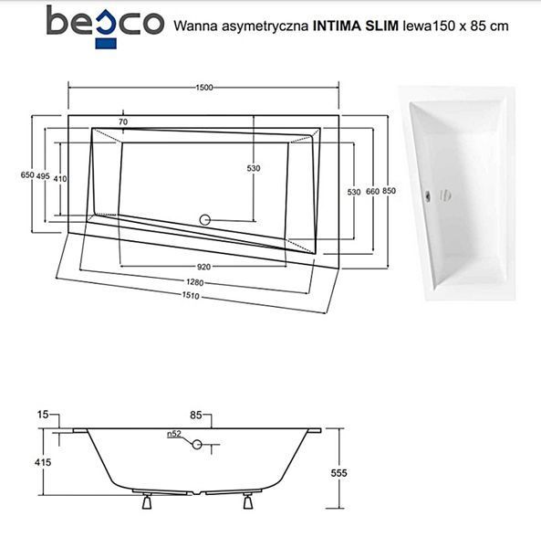 Ванна акрилова INTIMA SLIM 150х85 Ліва (соло) без ніг NAVARA38284 фото