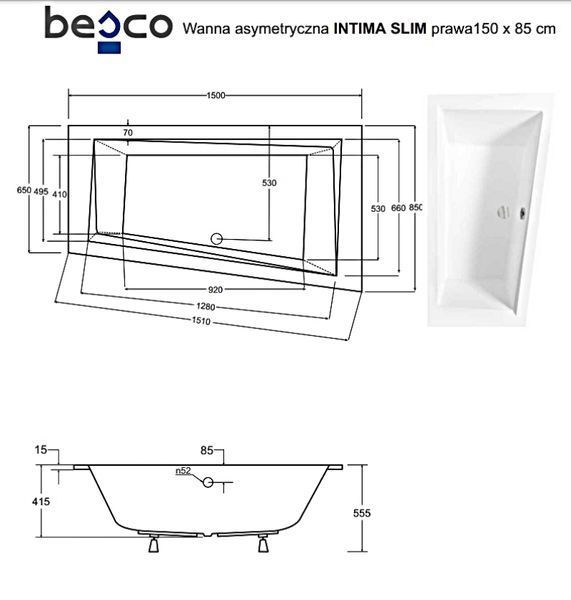 Ванна акрилова INTIMA SLIM 150х85 Права (соло) без ніг NAVARA37728 фото