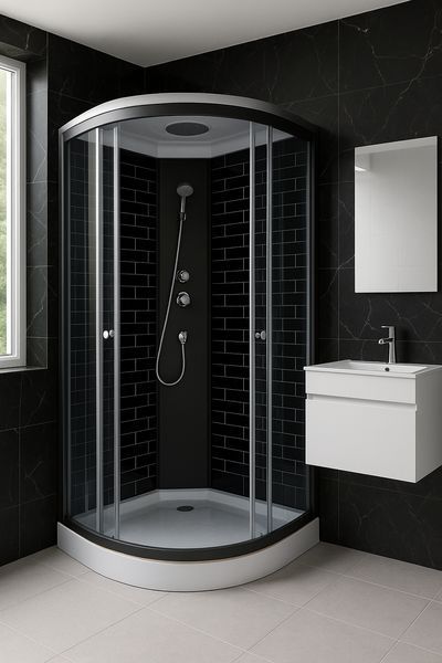 Гідробокс 90х90 см півкруглий Bathmix BMS BRG-90/13 скло сіре 4 мм з мілким піддоном профіль чорний 16787 фото